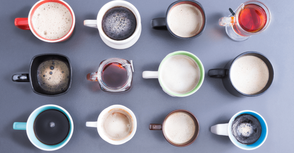 Variety of mugs containing different caffeinated beverages